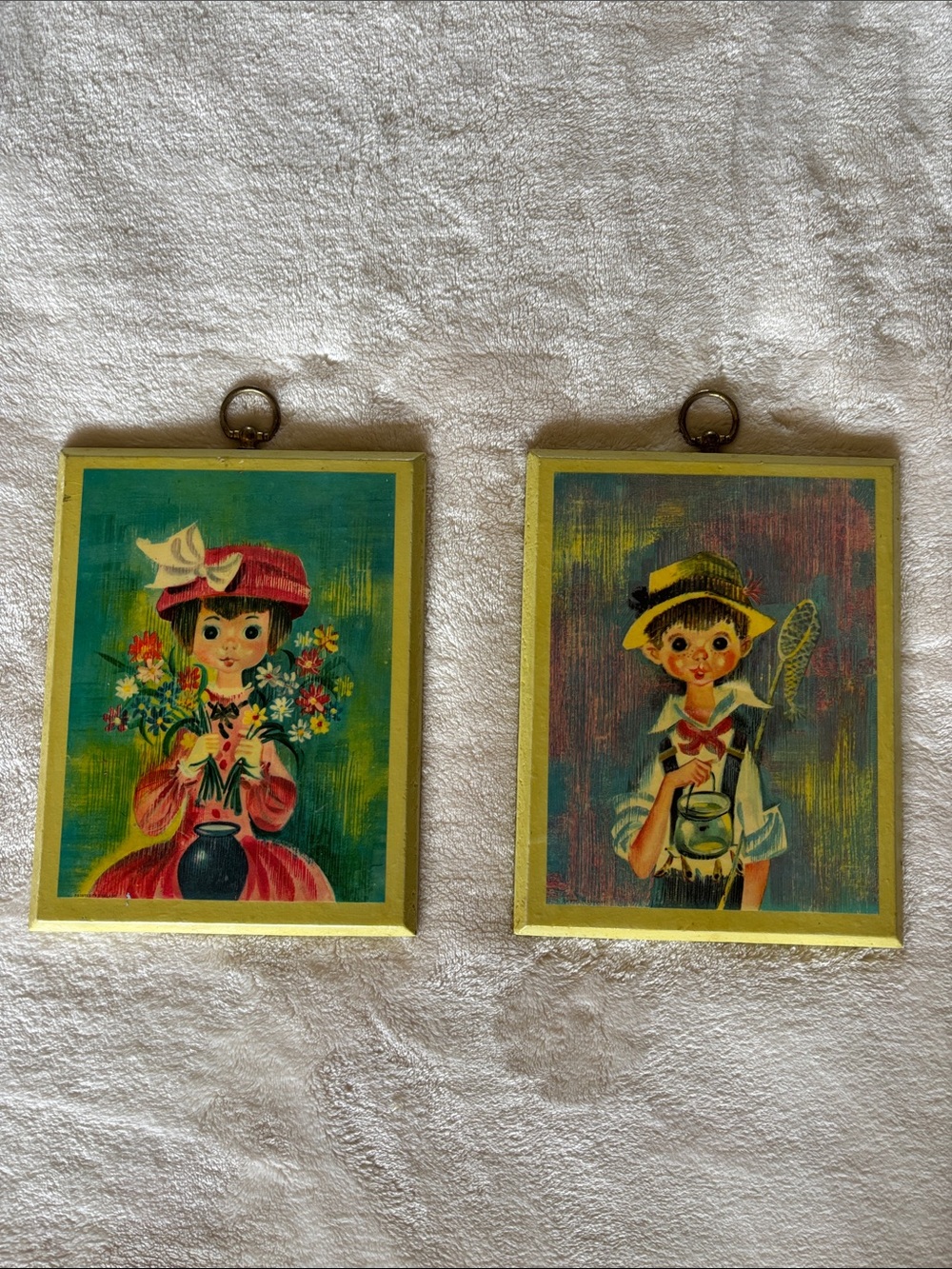 Vintage Pair of Framed Girl and Boy Portraits in Bright Colors